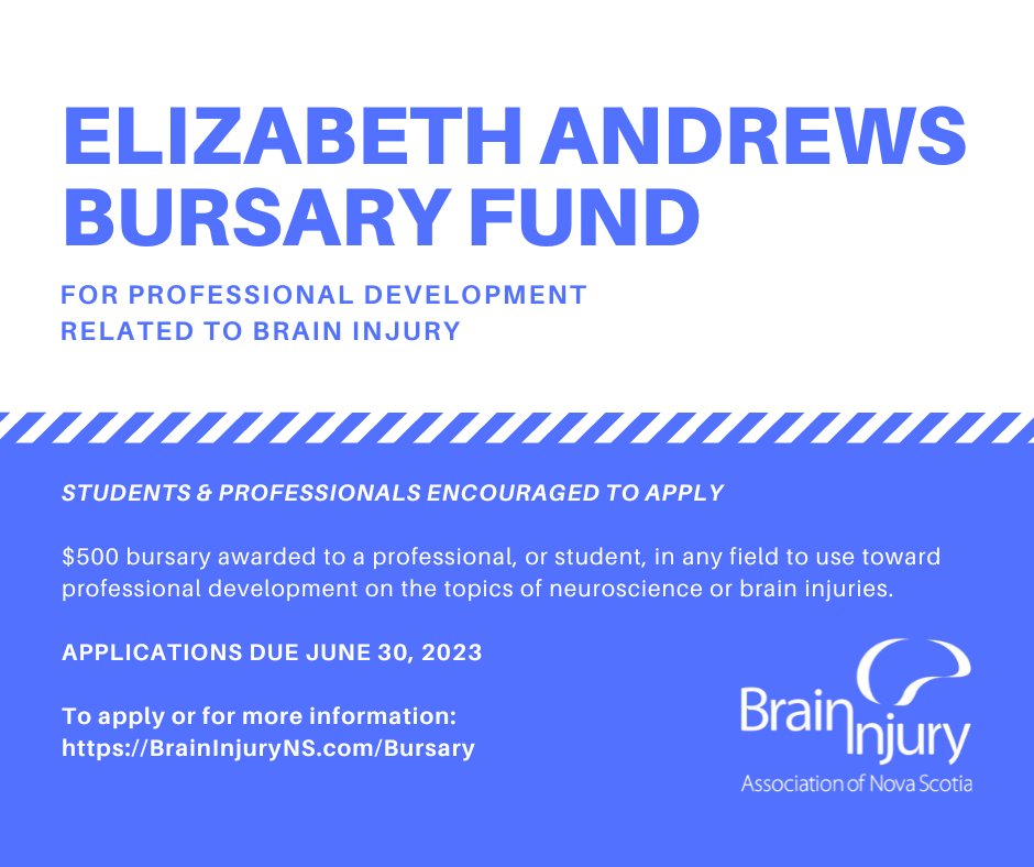 We are now accepting applications until June 30 for the Elizabeth Andrews Bursary, a $500 grant awarded for professional development related to brain injury or neuroscience. Complete our short online application today: braininjuryns.com/bursary/ #BrainInjuryAwarenessMonth #BIAM