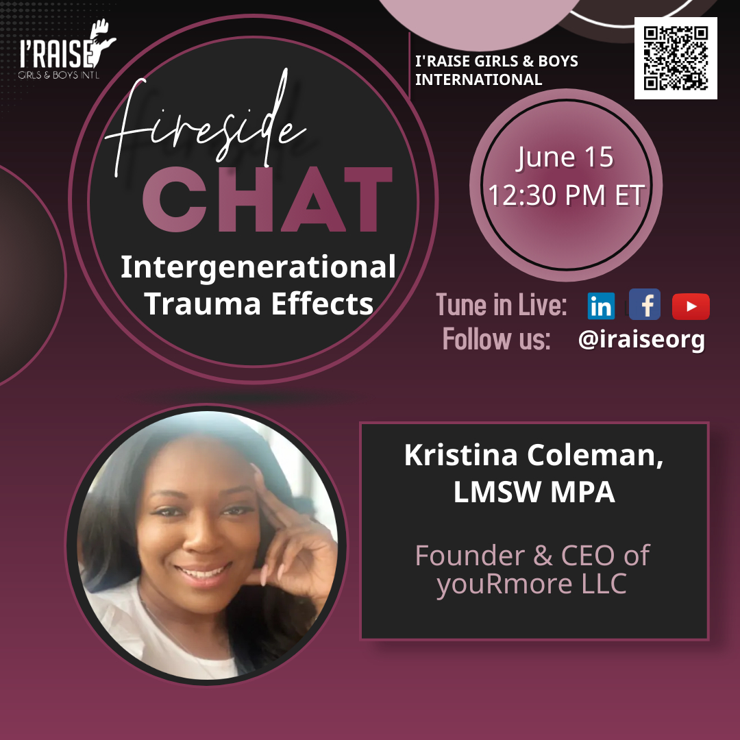 Tune in live on June 15 to hear from Kristina Coleman MPA LMSW of youRmore LLC. Her private practice focuses on #mentalhealth and the impact of #intergenerationaltrauma among #communitiesofcolor. Learn more at iraiseinc.org/firesidechat.