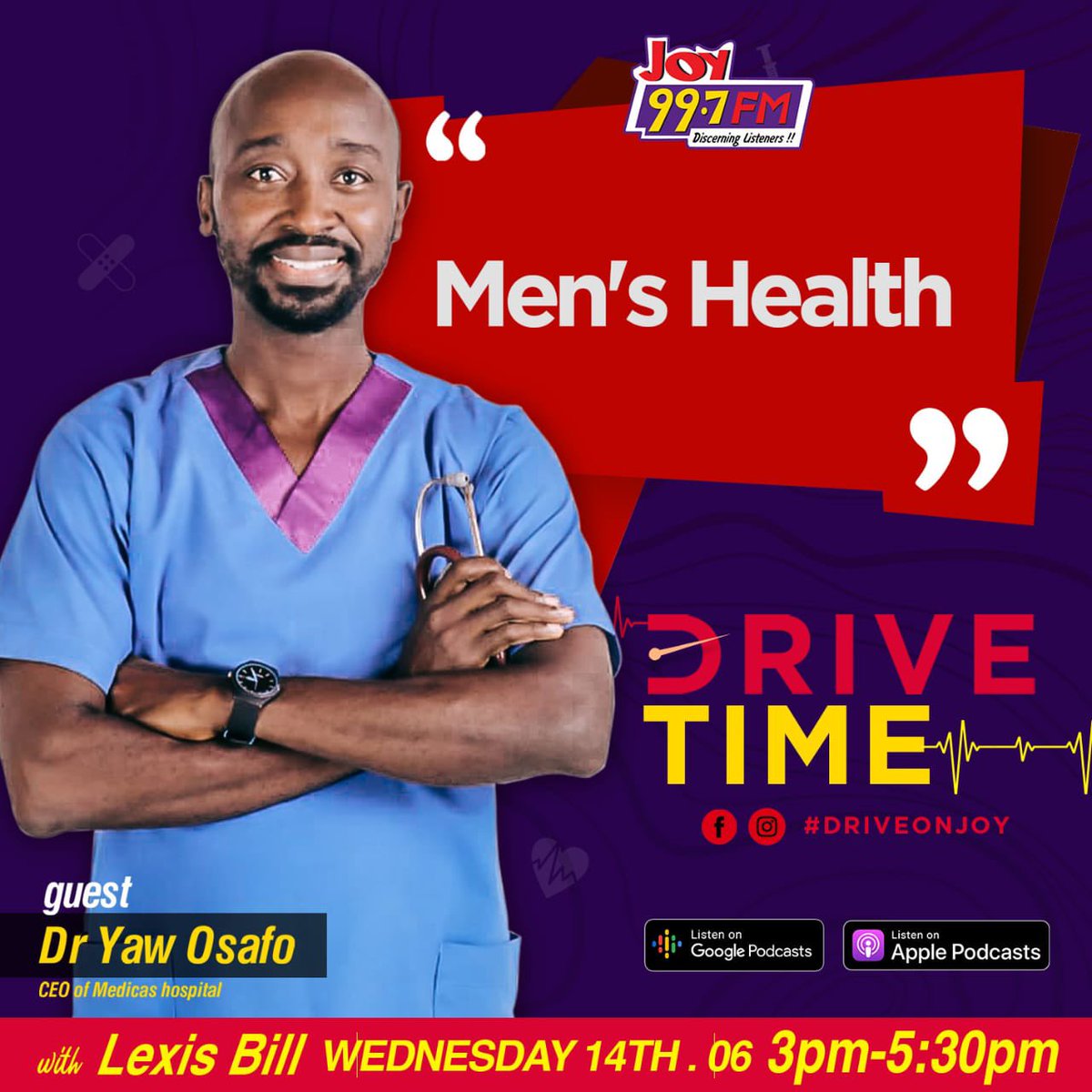 Join the conversation on DriveTime on @joy997fm with @lexisbill and our CEO as they discuss an important topic: MEN’S HEALTH. 

#medicas #menshealth #medicasdiaries #drivetime #healthtalk