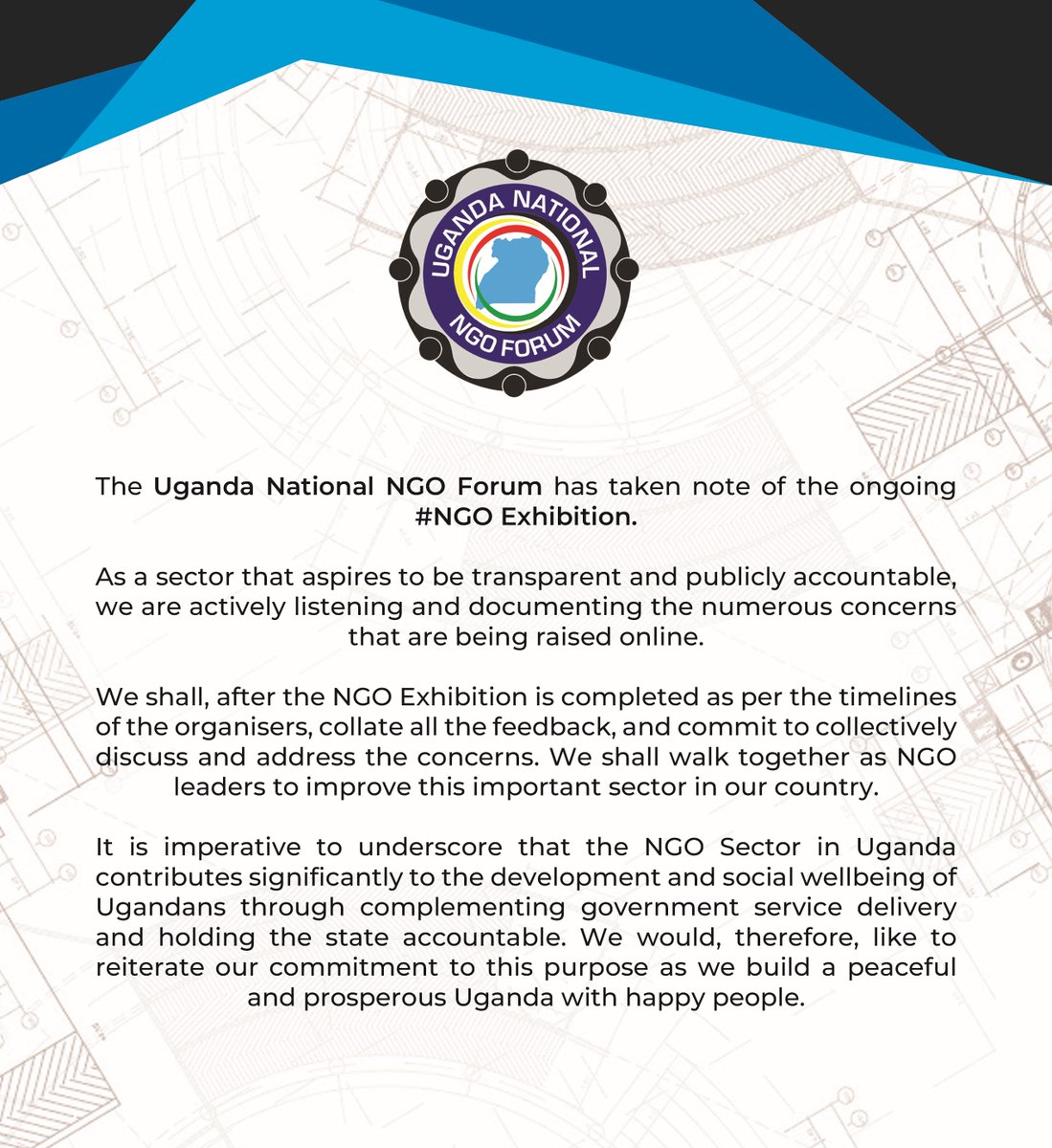We have taken note of the ongoing #UgandaNGOsExhibition. As a sector that aspires to be transparent & publicly accountable, we are actively listening & documenting the numerous concerns. We commit to collectively discuss & address the concerns. Read full statement here⤵️