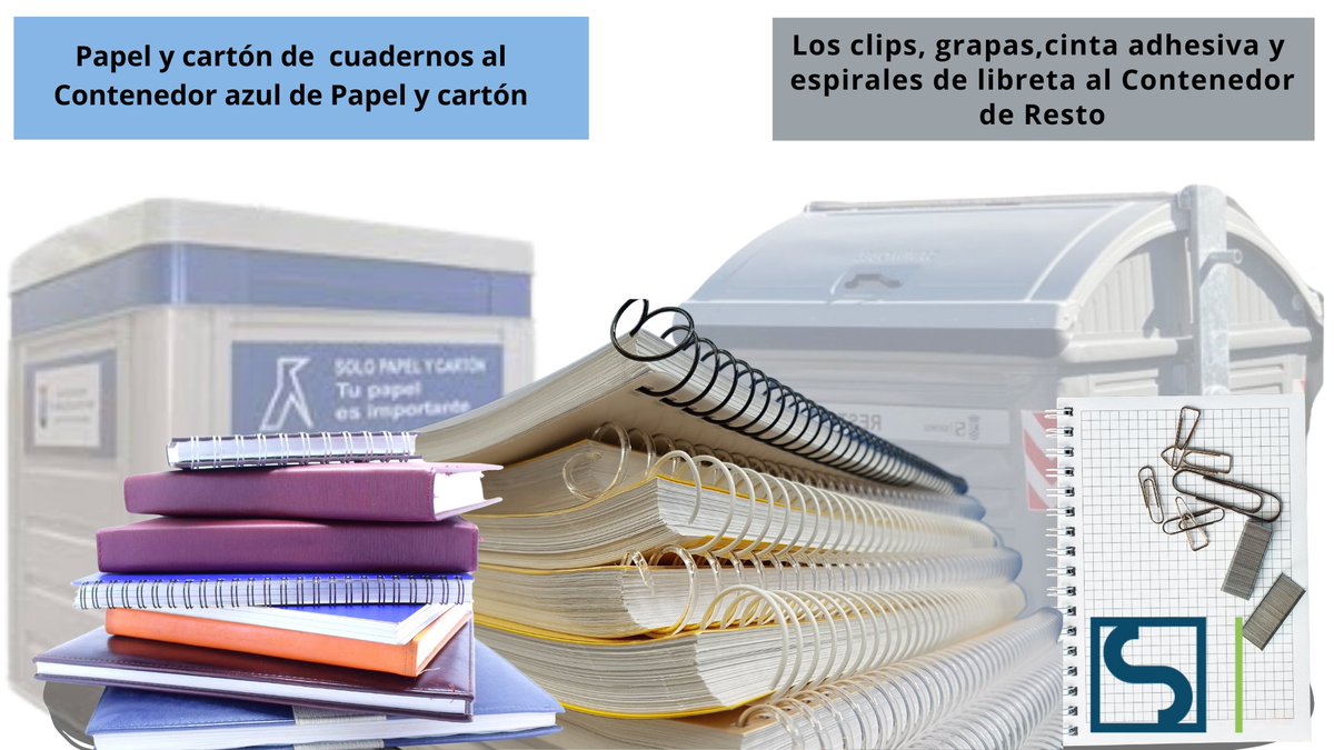 SercomosaN's tweet photo. Se acerca el fin de curso..💃

¿A que contenedor tiras tus cuadernos terminados?

👉Al #ContendordePapelyCartón pero es muy importante quitarles los componentes.

👌Los clips, grapas, cinta adhesiva o espirales hay que tirarlos al #ContenedordeResto.

#ReciclarCorrectamente♻️ https://t.co/0d4OdCTKMj