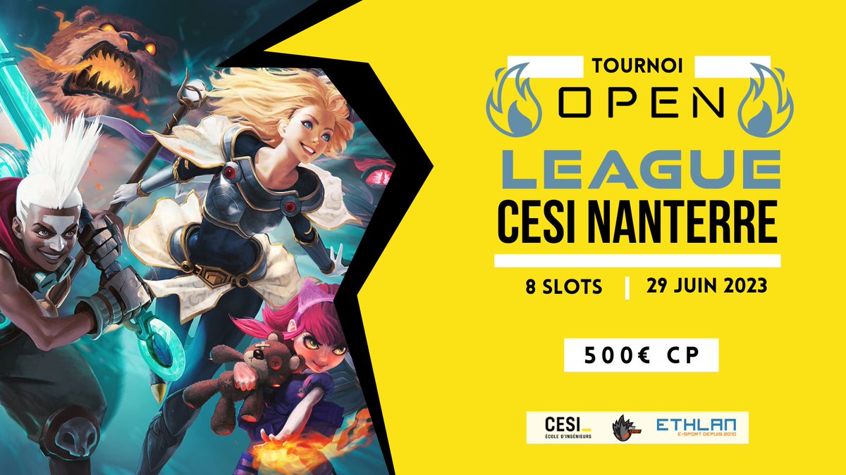 Le CESI de Nanterre présente son premier tournoi sur LoL : l’Open League 🪽

📅 Tournoi de 18h à minuit
👥 8 équipes
🏆 Jusqu'à 500€ de CP
🎟️ 10€/joueur
Inscription : ethlan.fr/lans.php?id=28
Discord : discord.gg/CuPrG3tD

🎙Valiaroth &amp; <a href="/Zerotick_/">Zerotick</a> au Cast ✨️ 🤗