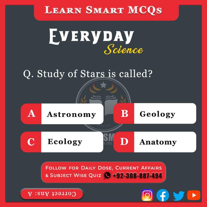 Q. Study of Stars is called?
A) Astronomy
B) Geology
C) Ecology
D) Anatomy

#ScienceQuiz  #QuizzyScience #ScienceTrivia #QuizTimeScience #ScienceChallenge #EverydayScience #GeneralScience #LearnSmart #LearnSmartMCQs #NTS #FPSC #PPSC