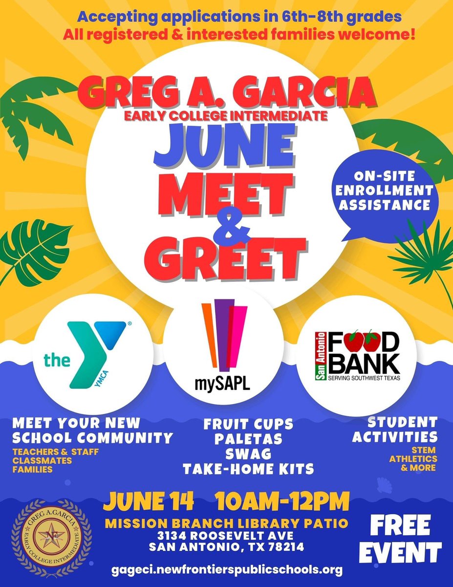 TODAY! Have some summer fun with the Greg A. Garcia Early College Intermediate community!

📅 June 14, 2023
🕒10AM-12PM
📍Mission Branch Library Patio - 3134 Roosevelt Avenue