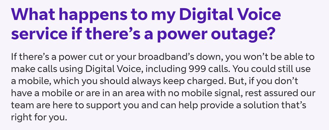 Ok, so if there is no power (no internet), no phone, and no mobile signal... @bt_uk will still be there 'to support you'.

How, and how will they know you need it?

#DigitalVoice #BT