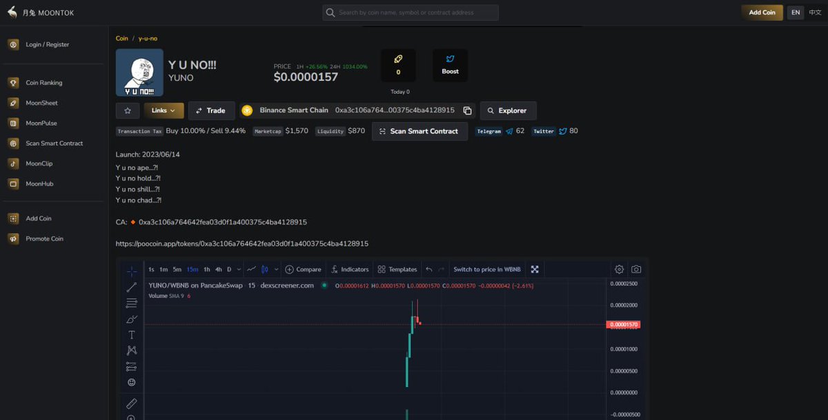 mimi_guli's tweet photo. 🔥🔥 Y U NO!!! (YUNO) Token 🔥🔥 

✅ Listed on Top100Token 
📝 Contract: 0xa3c106a764642fea03d0f1a400375c4ba4128915
📊 Slippage: 10% / 21.5%
📅 Launched: 6/14/2023

🗨 Telegram: https://t.co/vnSVsplNM4

🚀 Price is up 1045.6% in the last 1h! 

💹Chart:
https://t.co/GBCBaIA1Np https://t.co/hrSiIg4jWb