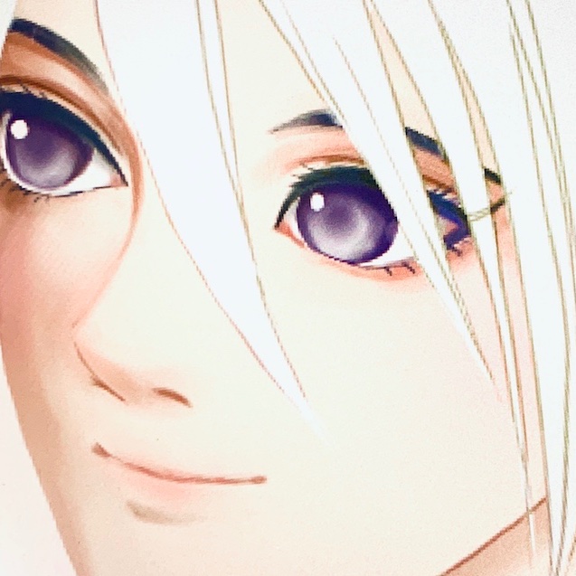 solo close-up white hair purple eyes hair between eyes male focus closed mouth  illustration images