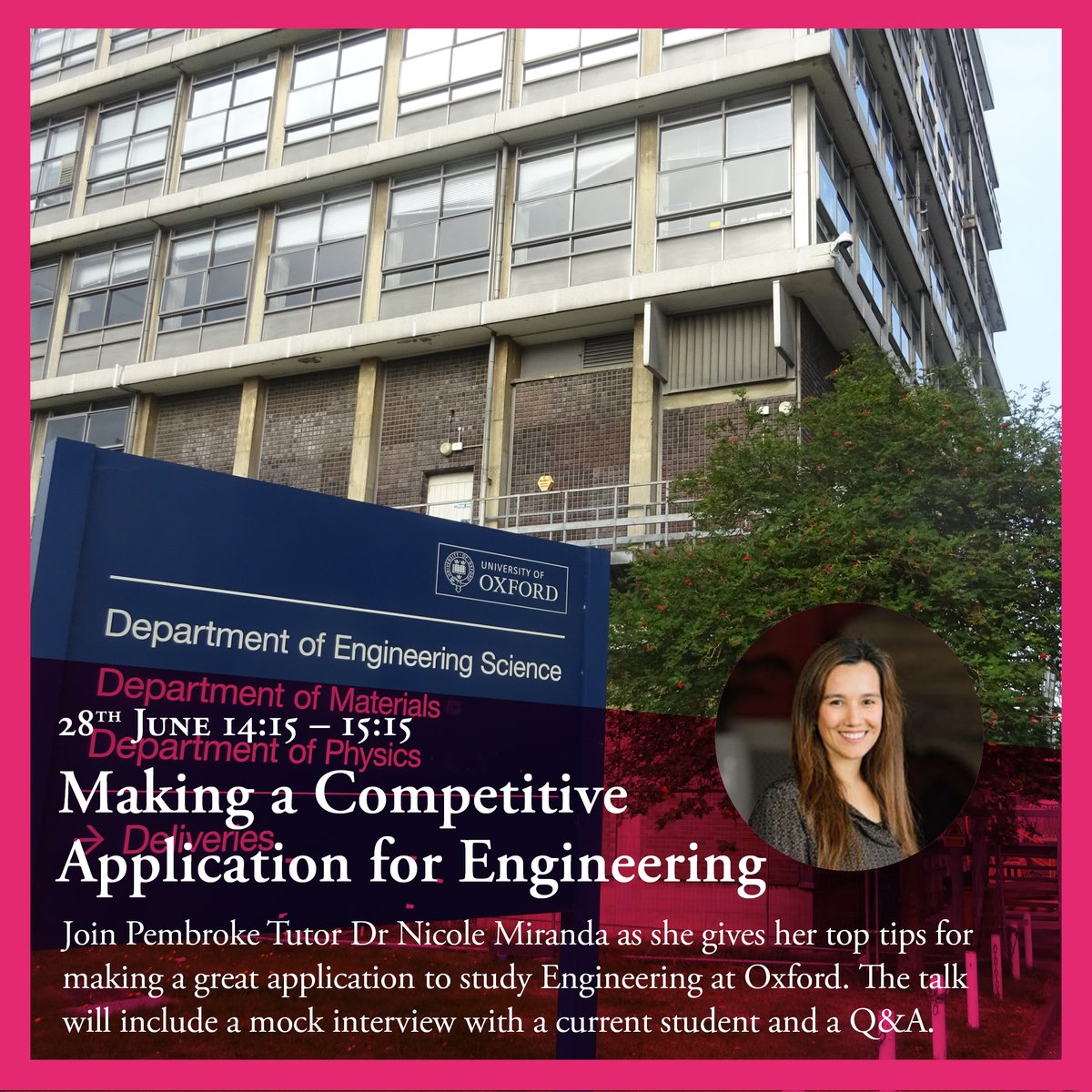 Are you thinking about applying to study Engineering at the @UniofOxford? Then don't miss Dr Nicole Miranda's talk on the 28th June! She will be giving her top tips for making a competitive application for Engineering, followed by a Q&A. 👉Sign up here: rb.gy/x4z2d