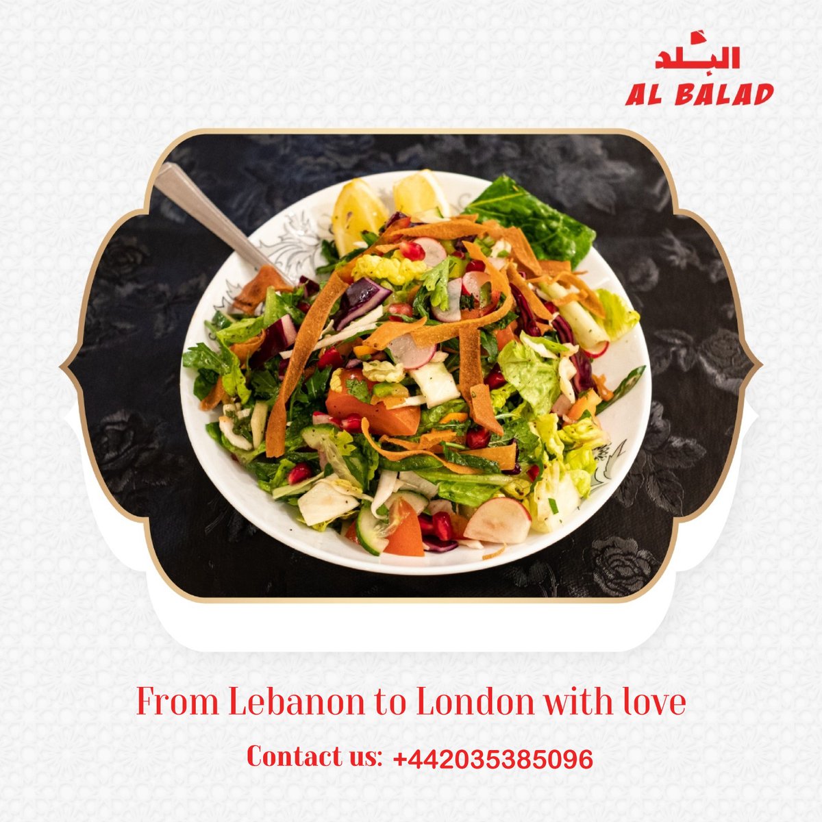 Fattoush salad is a Lebanese signature🇱🇧🥗 Made with a healthy mix of seasonal vegetables and topped with the iconic fried pita bread😋❤️ it’s the perfect lunchtime salad. Come and try the Lebanese taste❤️. 📌Free delivery 'From Lebanon to London with love'❤️ #lebaneserestaurant