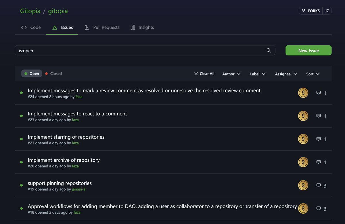 gitopiaDAO's tweet image. 3/8 🎁 In true Gitopia spirit, we&apos;ve loaded our DAO repos with Interchain Bounties! More than 30 bounties (~ 180K $LORE) await you.

Pick an issue that calls to you:
gitopia: gitopia.com/Gitopia/gitopi…
gitopia-web: gitopia.com/Gitopia/gitopi…
git-remote-gitopia: gitopia.com/Gitopia/git-re…