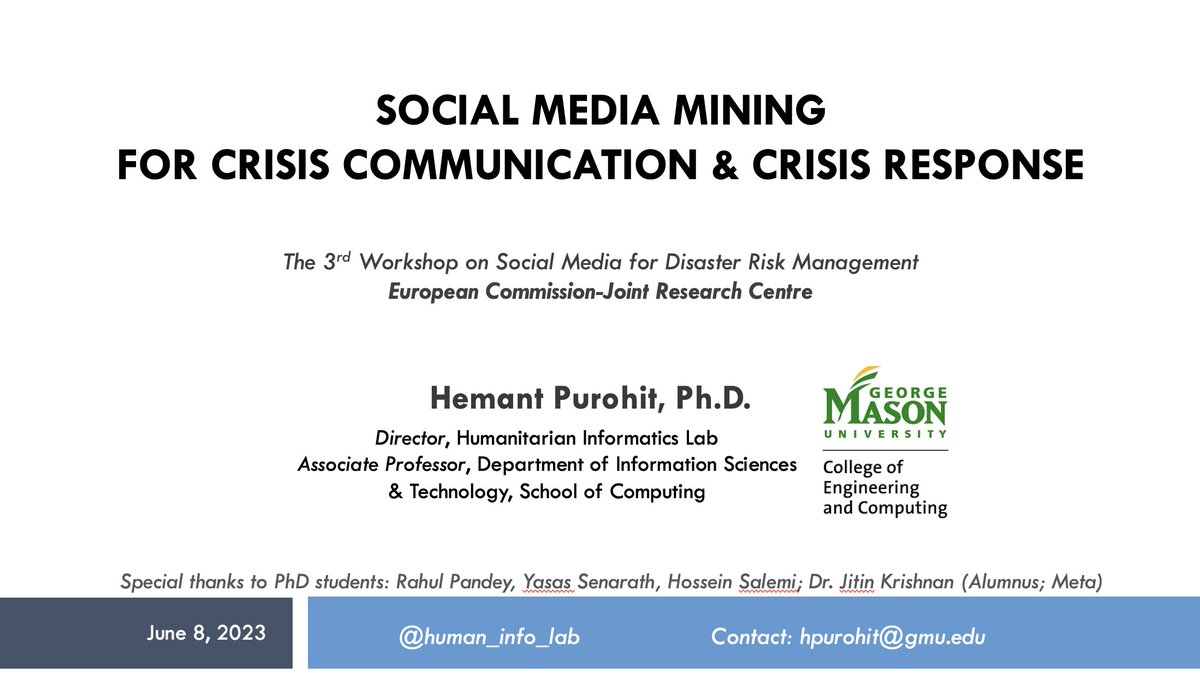Our lab was thrilled to present #CitizenHelper tool for crisis response simulation exercise to timely discover calls for help, offers of help, and infrastructure needs during  an earthquake disaster. Prof. <a href="/hemant_pt/">Hemant Purohit</a> also presented various research thrusts in our lab for #SMEM