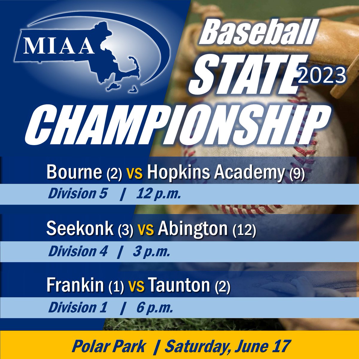 ⚾️The MIAA Baseball State Championship schedule is set. 🏆

🎟️To purchase tickets, follow this link: gofan.co/app/school/MIAA

<a href="/FHSSports/">FranklinAthletics</a> @tauntonhstigers <a href="/MHS_Wildcats_/">Milton HS Athletics</a> <a href="/kphsathletics/">KingPhilip Athletics</a> <a href="/MedfieldAD/">Medfield Athletics</a> <a href="/ORHSAthletics/">Oakmont Athletics</a> <a href="/SeekonkWarrior/">Seekonk High School Athletics</a> <a href="/AbingtonAD/">Abington Athletics</a> <a href="/ScottAshworth21/">Bourne Athletics</a>