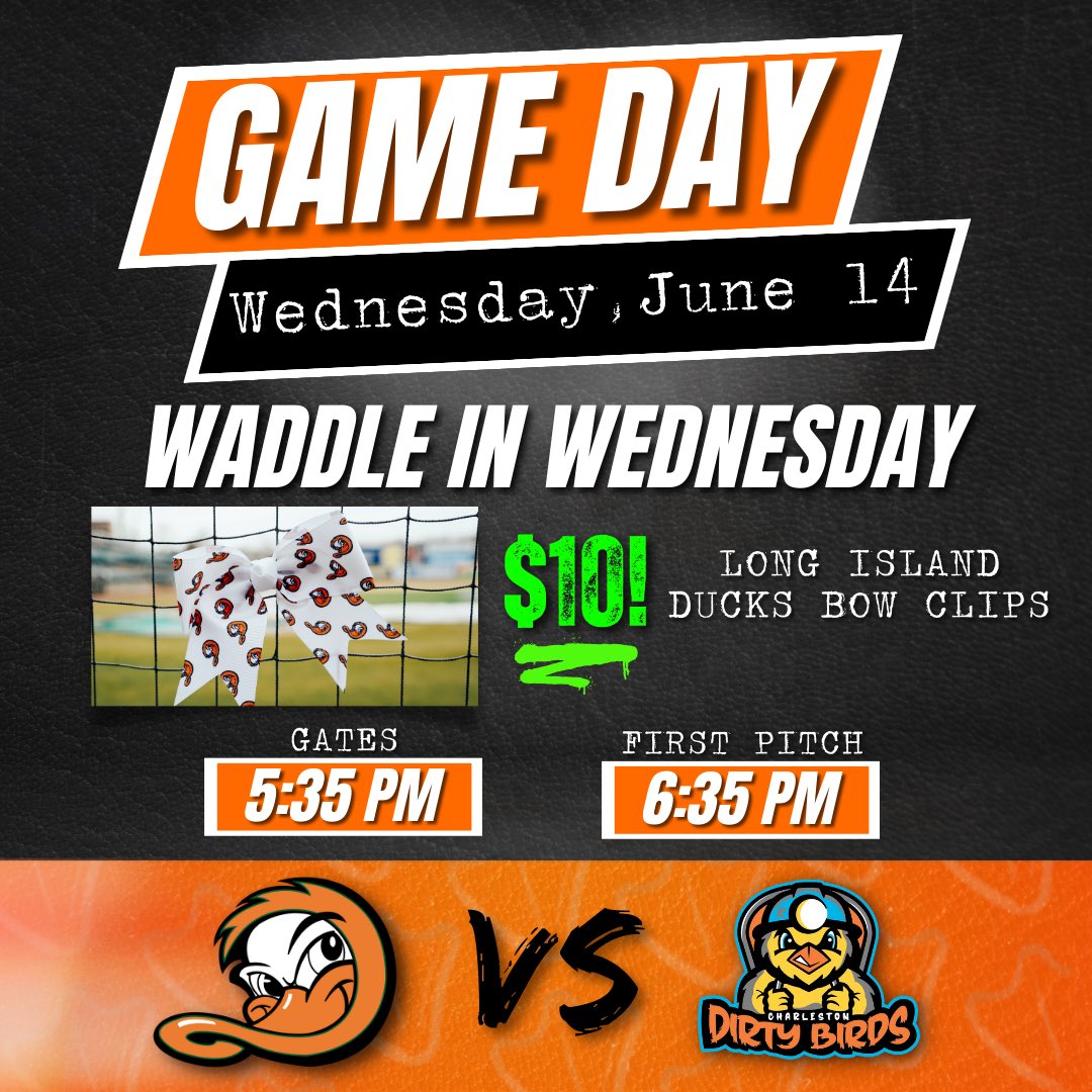 LIDucks's tweet photo. Tonight we take on @dirtybirdscwv in the middle game of a three-game series!โพ๏ธโพ๏ธ
It is #WaddleInWednesday at the ballpark! Fans can purchase Long Island Ducks Clip Bows for just $10 (normally $15) in the Waddle In Shop throughout the ballgame.๐๐ฆ
๐๏ธ: https://t.co/5RBKVXXv1N https://t.co/qKD2lVq3w9