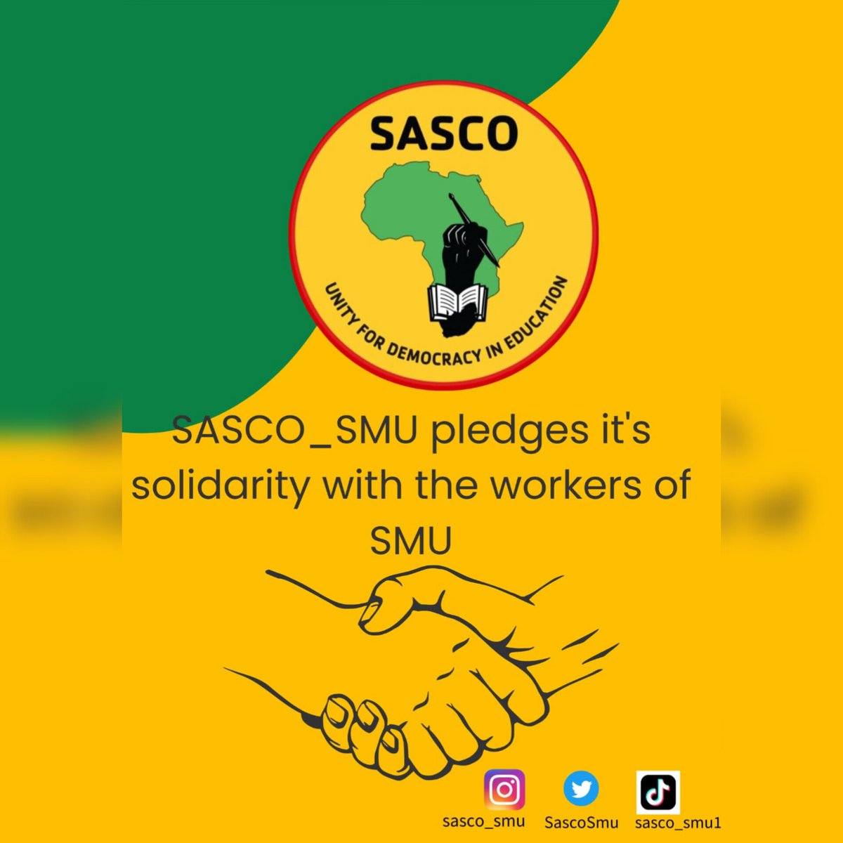 SascoSmu's tweet photo. WORKERS STRIKE
Sasco pledges solidarity with the SMU workers !! 
When Repo rate increases, Our Parent’s salaries should increase. An increase in repo rate means an increase in prices of basic needs and groceries. Therefore the 7% demand is reasonable and fair! https://t.co/UAghBlxLIn