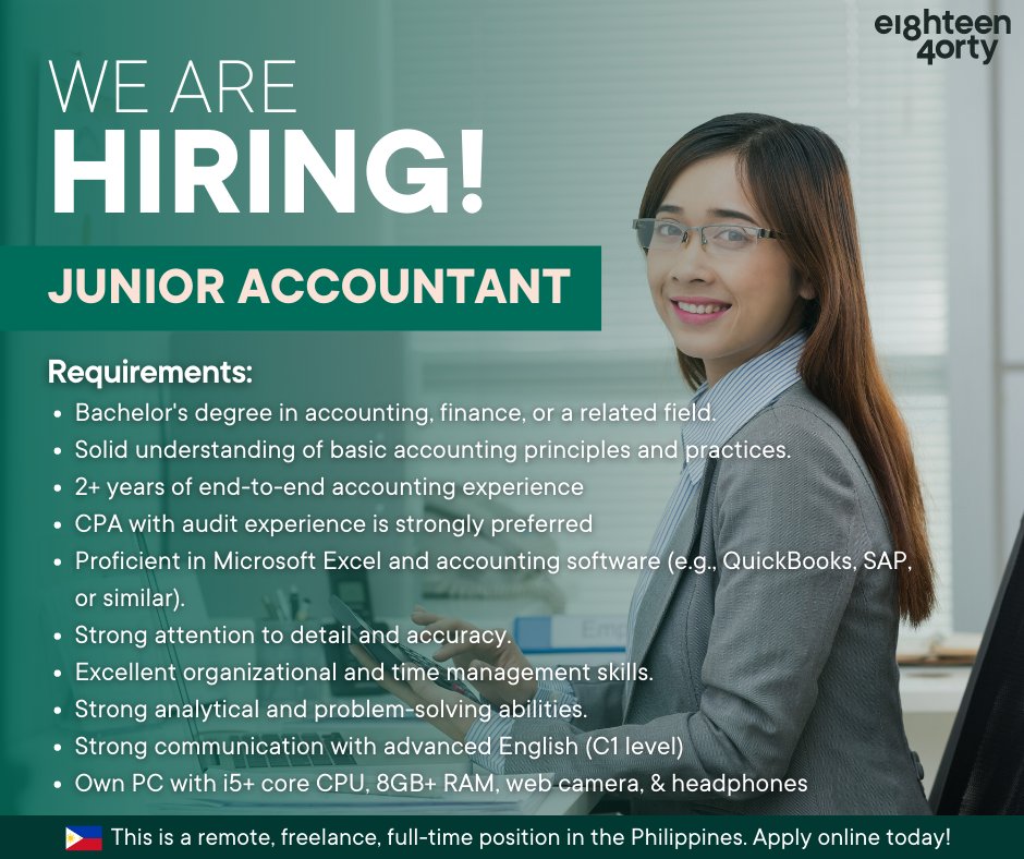 1840andCompany's tweet image. We are hiring an experienced Junior Accountant located in the Philippines. If you are a dedicated &amp;amp; driven individual looking to start your career in accounting, learn more &amp;amp; apply here 👉 bit.ly/41WGFTk
 
#JuniorAccountant #remotejobs #Philippines #freelancers