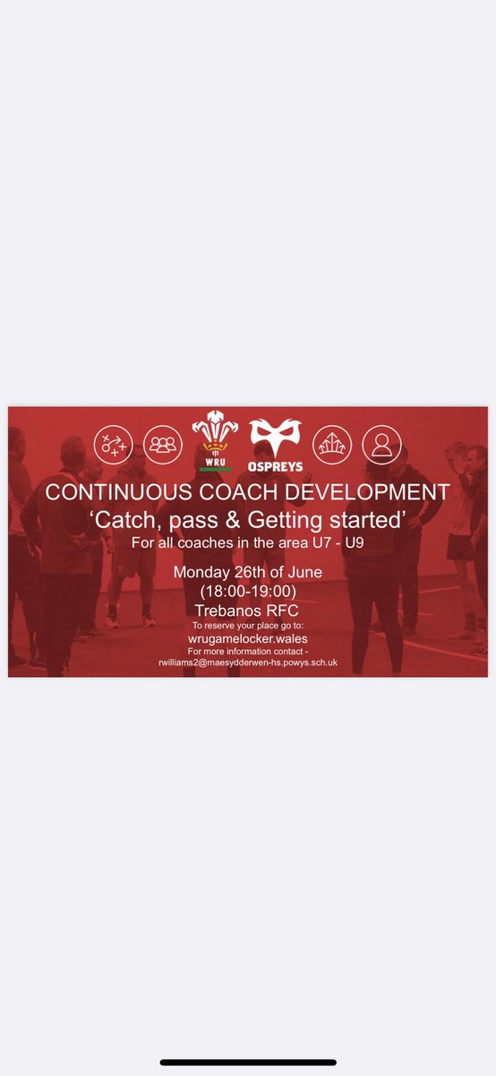 RhysWilliamsWRU's tweet photo. I am very happy to announce that I will be hosting my first CPD within the next two weeks in @TrebanosRFCJuni as part of @ValleyFernsHub 

Please see link to sign up:

https://t.co/uGnhXcgnu5 https://t.co/vRbxOEkQtw