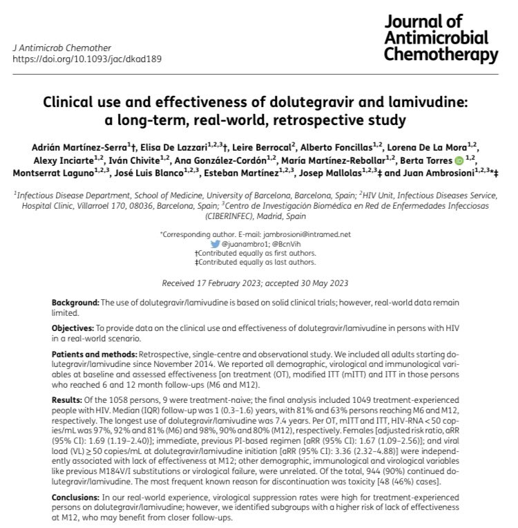 Juan Ambrosioni (@juanambro1) on Twitter photo Happy to share our long-term real-world experience in people with HIV on DTG-3TC, over near 8 years.
<a href="/BcnVih/">VIHClínicBCN</a> <a href="/aidsmap/">aidsmap</a> <a href="/Matthew_Hodson/">Matthew Hodson</a>
pubmed.ncbi.nlm.nih.gov/37311224/ Happy to share our long-term real-world experience in people with HIV on DTG-3TC, over near 8 years.
<a href="/BcnVih/">VIHClínicBCN</a> <a href="/aidsmap/">aidsmap</a> <a href="/Matthew_Hodson/">Matthew Hodson</a>
pubmed.ncbi.nlm.nih.gov/37311224/