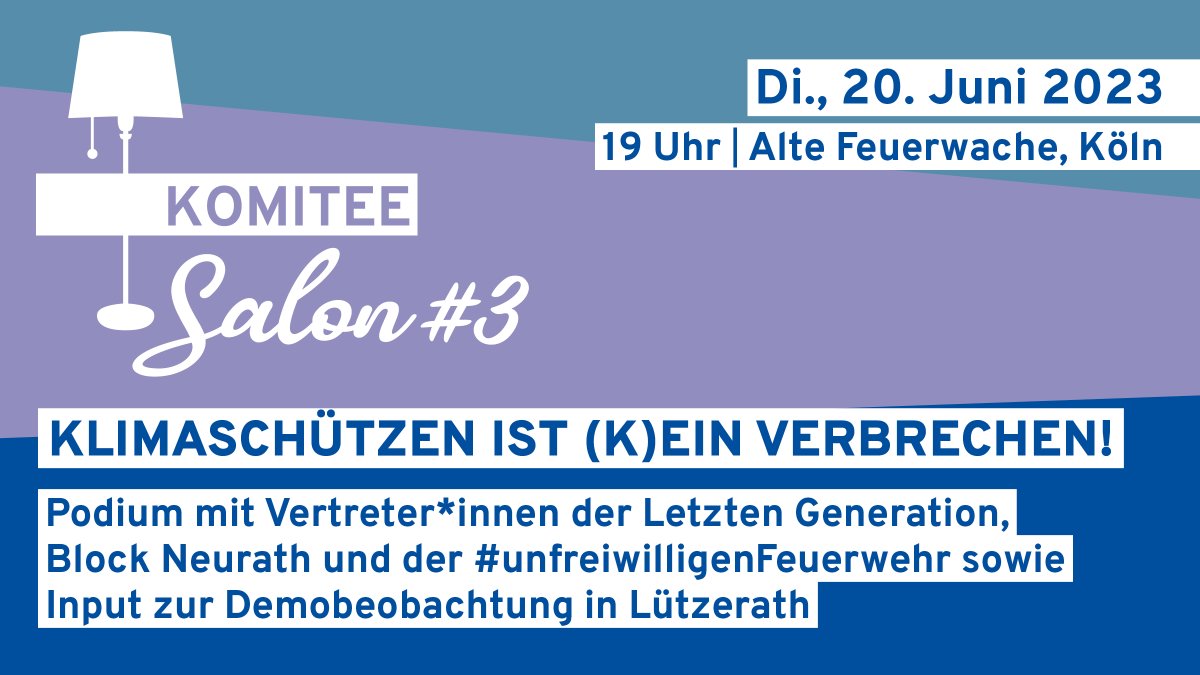 #KomiteeSalon: Klimaschützen ist (k)ein Verbrechen!
Dienstag, 20. Juni | 19 Uhr | Alte Feuerwache #Köln: Wir sprechen über Protestformen, den Umgang mit Repression und Strategien dagegen. Mit <a href="/AufstandLastGen/">Letzte Generation</a>, <a href="/BlockNeurath/">Block Neurath</a> und <a href="/Feuerwehr_Klima/">@firefighters@climatejustice.social</a> 
Kommt vorbei!