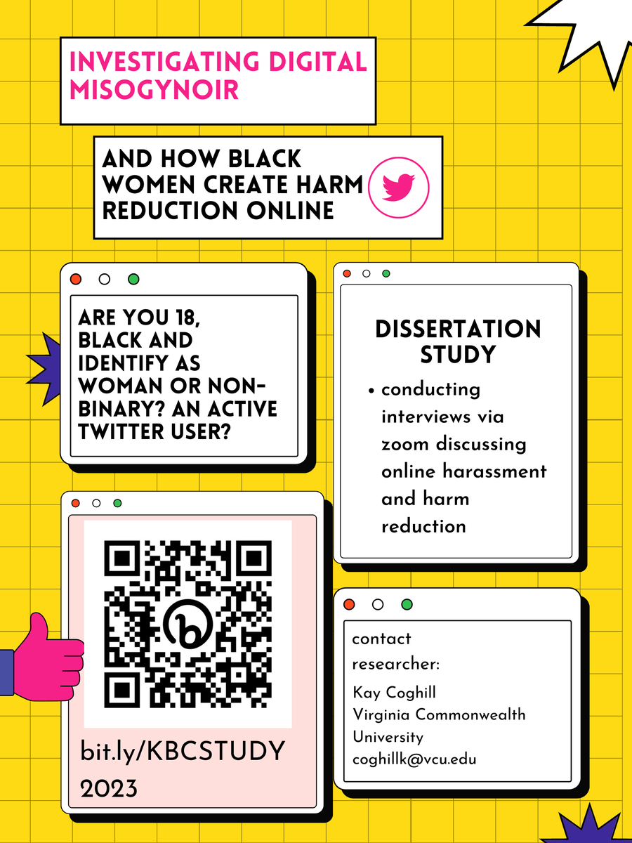 I am conducting interviews about Black women and non-binary femmes experiences with digital misogynoir on Twitter & how they create harm reduction. If you are 18+, Black, Identify as a Black woman or non-binary, and an active Twitter user please sign up bit.ly/KBCSTUDY2023 RT