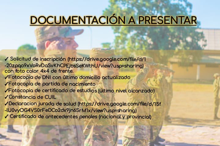 🔺🔻 NUEVA INCORPORACIÓN DE SOLDADOS VOLUNTARIOS DE LA B.A.M CHAMICAL

Solicitud de inscripción ⬇️ 

drive.google.com/file/d/1-20zpq…

DD.JJ de Salud - Anexo I ⬇️

drive.google.com/file/d/15f-lU0…