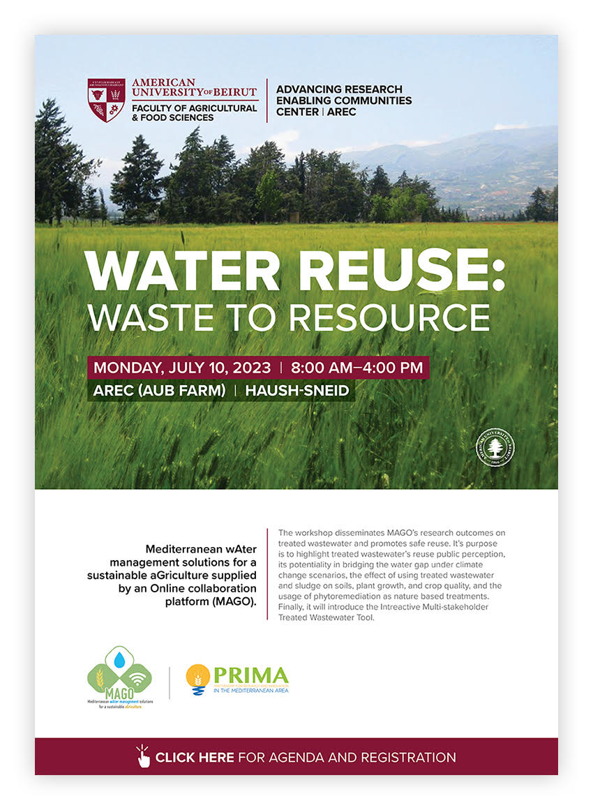 🇱🇧 Have you registered for our upcoming #workshop in #Lebanon yet?
💧 Workshop | Water Reuse: WASTE TO RESOURCE 
July 10th 2023, AREC @AUB_FAFS Farm, Houch Al Snayed 
🔗Check out the full agenda and register: lnkd.in/dzkPYStF
@PrimaProgram @CETAQUA @MohtarRabi