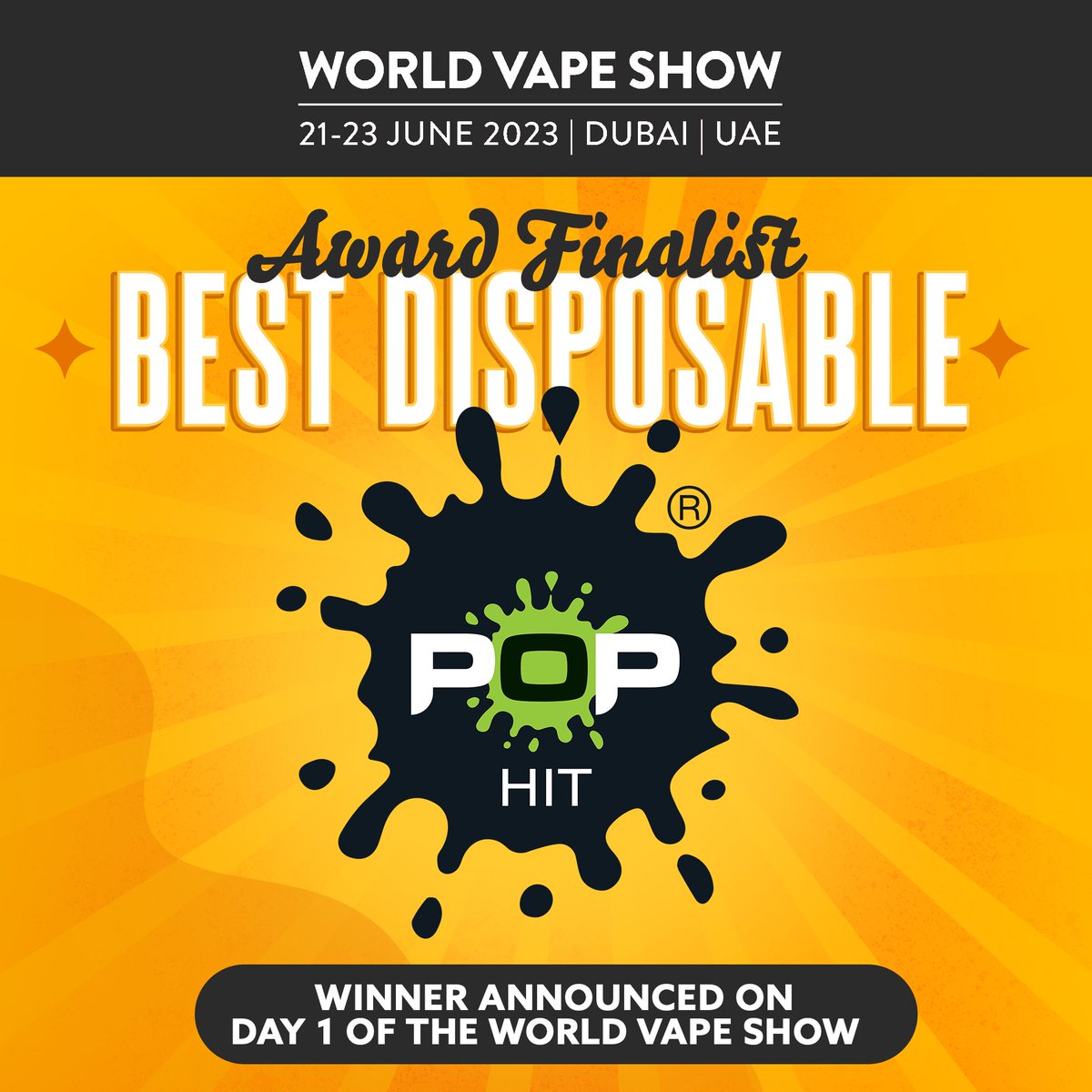 POPVaporUK2's tweet photo. We're proud to announce that we're a finalist for Best Disposable at the The World Vape Show awards in Dubai! Winners to be announced on 21st June 🎉

#popvapor #pophit #excellenceredefined #vape #vapeaward #disposable https://t.co/79GheB8fCp