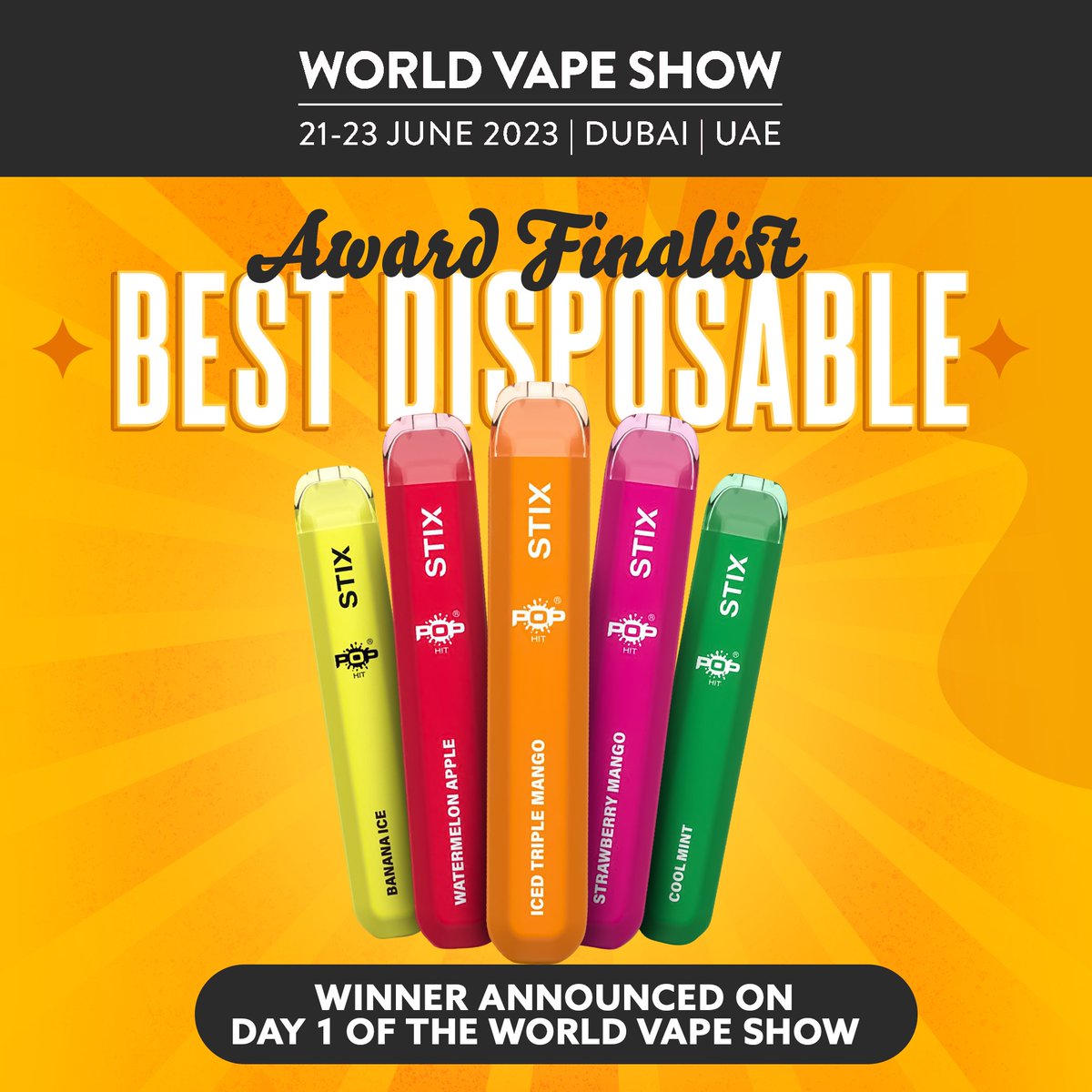 POPVaporUK2's tweet photo. We're proud to announce that we're a finalist for Best Disposable at the The World Vape Show awards in Dubai! Winners to be announced on 21st June 🎉

#popvapor #pophit #excellenceredefined #vape #vapeaward #disposable https://t.co/79GheB8fCp