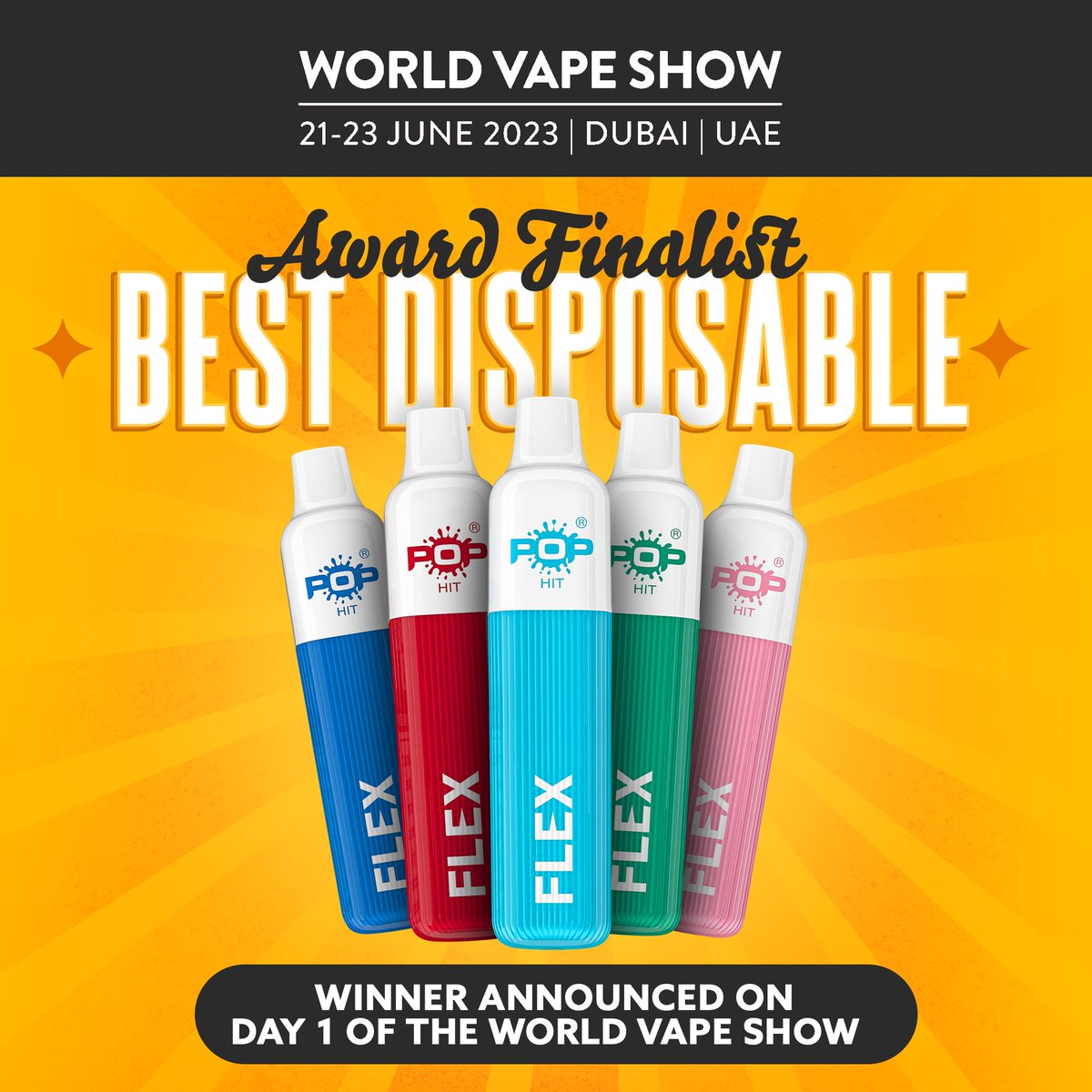 POPVaporUK2's tweet photo. We're proud to announce that we're a finalist for Best Disposable at the The World Vape Show awards in Dubai! Winners to be announced on 21st June 🎉

#popvapor #pophit #excellenceredefined #vape #vapeaward #disposable https://t.co/79GheB8fCp