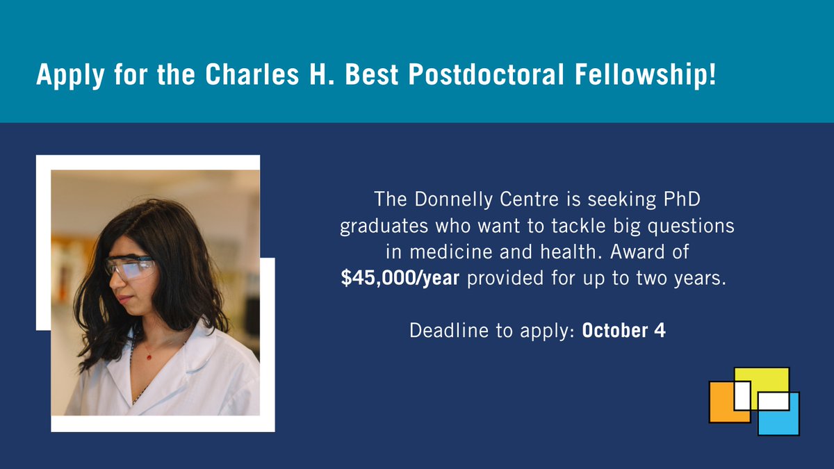 The Donnelly Centre is now accepting applications for the Charles H. Best Postdoctoral #Fellowship!

Apply ASAP to join one of the top interdisciplinary institutions in the world in tackling big questions in medicine and health. #postdoc

Learn more 👉 bit.ly/CharlesBestFel…