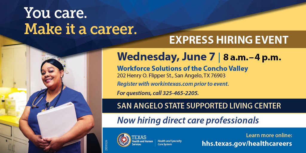 San Angelo State Supported Living Center is hosting a hiring event on June 21 from 8 am to 4 pm.

Direct care professionals are encouraged to apply! 

Prior to event, register here : workintexas.com