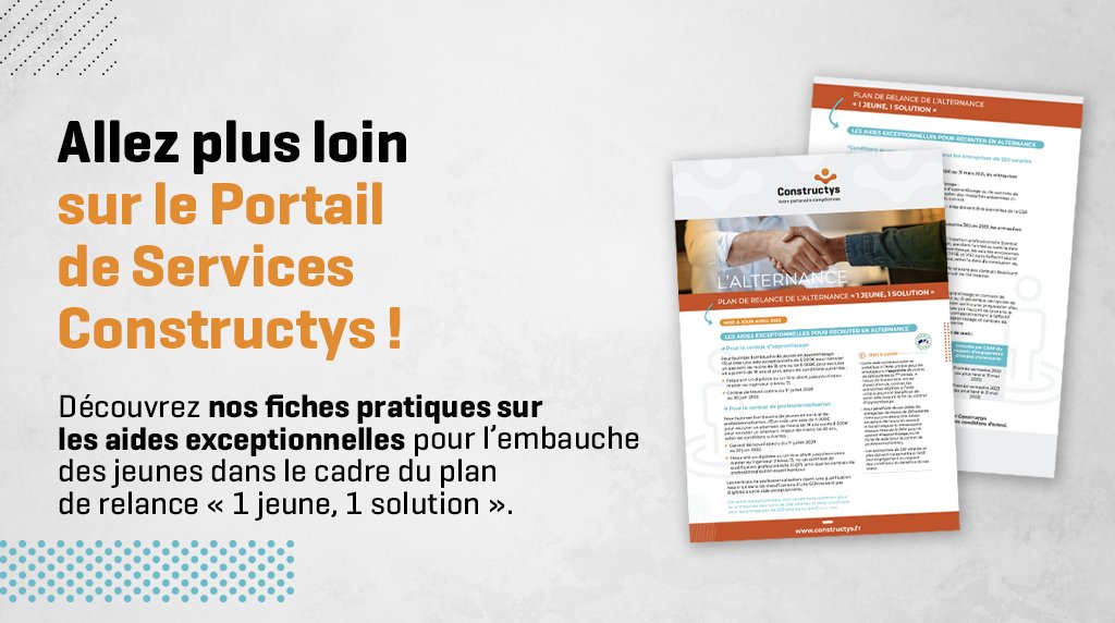 Constructys_'s tweet photo. [#5RaisonsDeRecruterEnAlternance]
@Constructys_  vous accompagne pour l’embauche des jeunes dans le cadre du plan de relance #1jeune1solution
Pour découvrir nos fiches pratiques sur les aides 👉https://t.co/YWmOkUIpnj
#recrutement #raison3 https://t.co/l4KThS9uOa