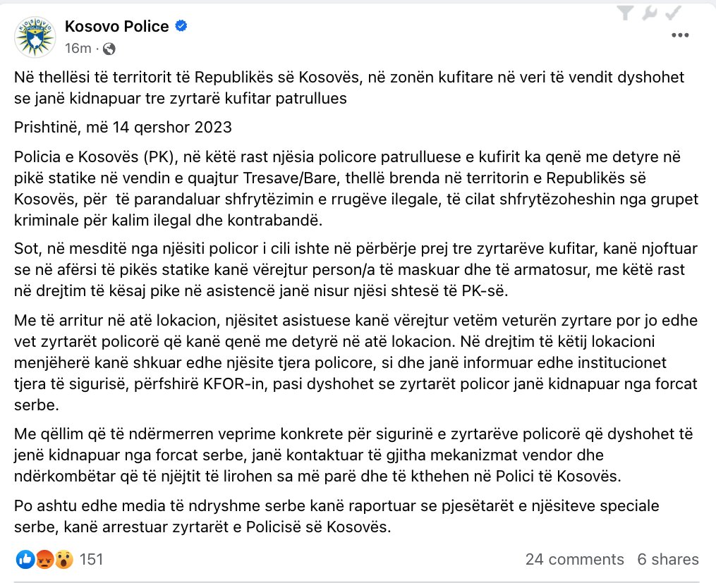 BREAKING

Serbia's regime has kidnapped three Kosovo border police officers within Kosovo's territory.

This represents a major escalation.