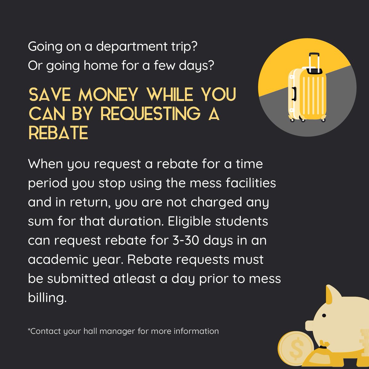 devcom_iitb's tweet photo. Say goodbye to the old days where you have to mail the hall manager, submit an offline document to get your mess bill rebate. DevCom is once again here to help you make your life easier with Mess Rebates.
#devcom #product https://t.co/JkgycTyhCW