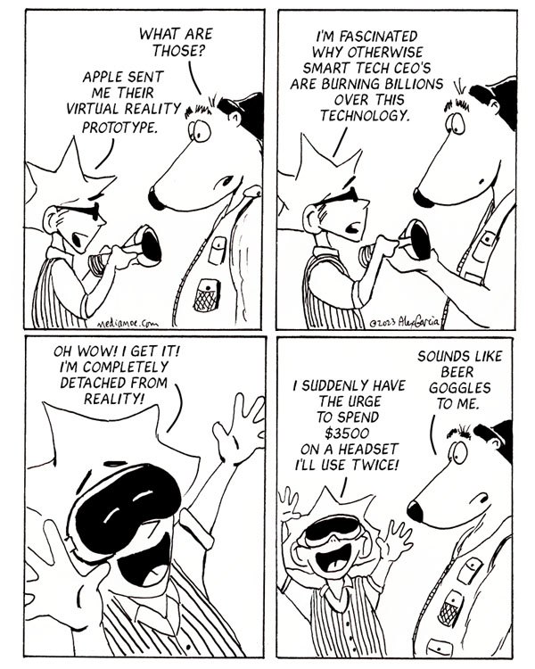 Small confession - I plucked down $$$ for Google Glass. It was the way of the future, they said. I was ahead of the curve, they said...
#virtualreality #vr #appleVR #webcomic #comicstrip #tvnews #metaverse #videojournalism #meta #questpro #vrheadsets #applevisionpro #visionpro
