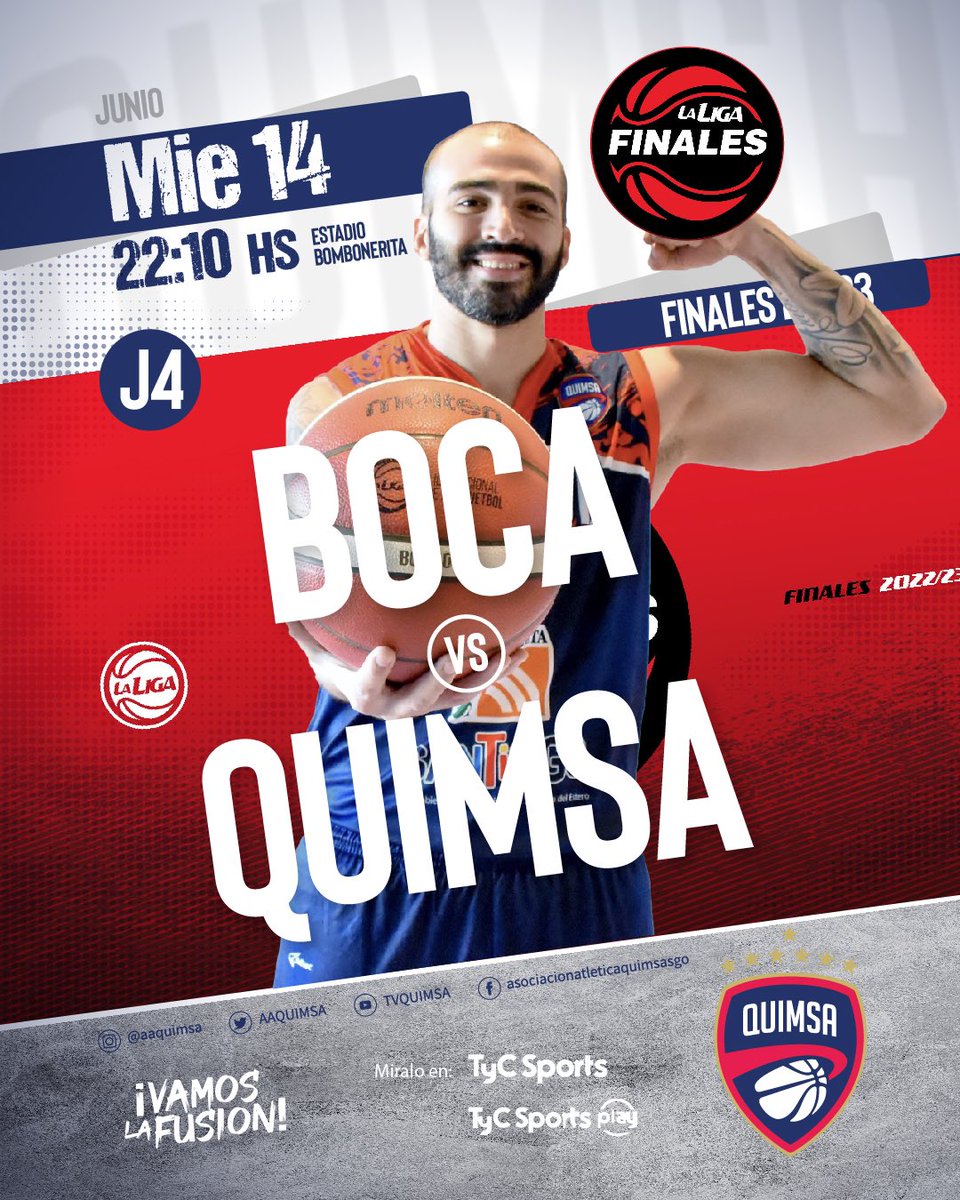 #JuegaLaFusión 🔵🔴⚪

🏀 Boca 🆚 Quimsa
🏆 La Liga 
🏟 Estadio Luis Conde 
⌚️ 22:10 hs 
📺 TyC Sports 

#VamosLaFusión