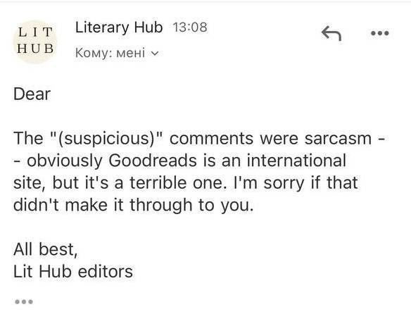 okomaniuk's tweet photo. This is what @lithub replied to a Ukrainian woman messaging them about clarifications. 

Communication level: passive-aggressive POS. https://t.co/LcYCVkQxGv