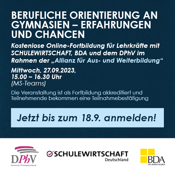 DPhV's tweet photo. 🌟 Online-Fortbildung für Lehrkräfte: "Berufsorientierung am Gymnasium" 🌟

Anmeldung und weitere Informationen:
https://t.co/rGGfreJzpE https://t.co/AzI16BA9gc