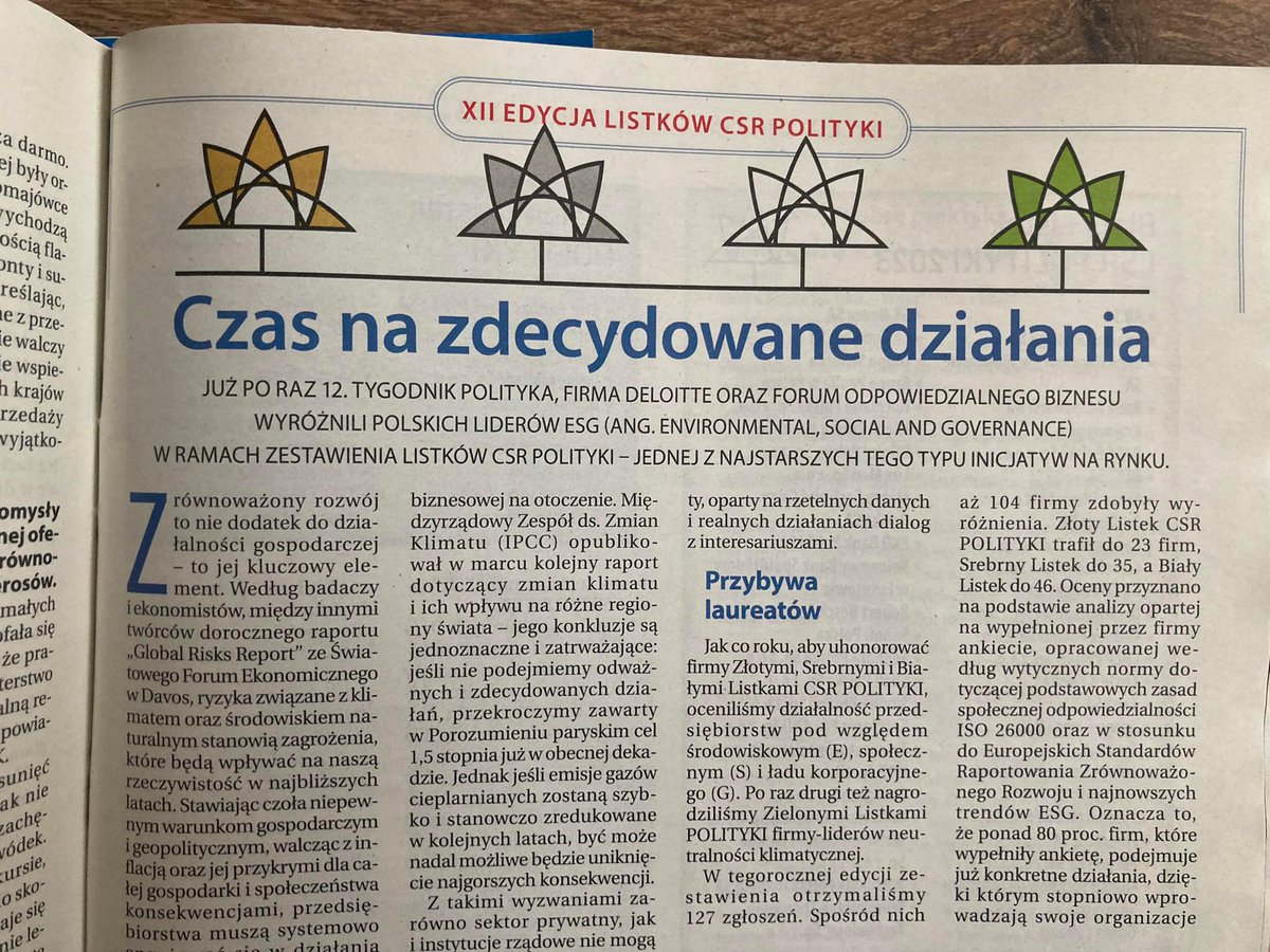 FOB_Poland's tweet photo. Kto w tym roku zdobył #ListkiCSR? Dziś w Polityce pełne wyniki 12. edycji zestawienia @Polityka_pl, @FOB_Poland i @DeloittePolska📰
Serdecznie gratulujemy nagrodzonym firmom👏 Cieszymy się, że  wśród nich jest tak wielu Partnerów FOB!
#esg #csr #sustainability #esrs #csrd #csddd https://t.co/1RgbNgWWsP