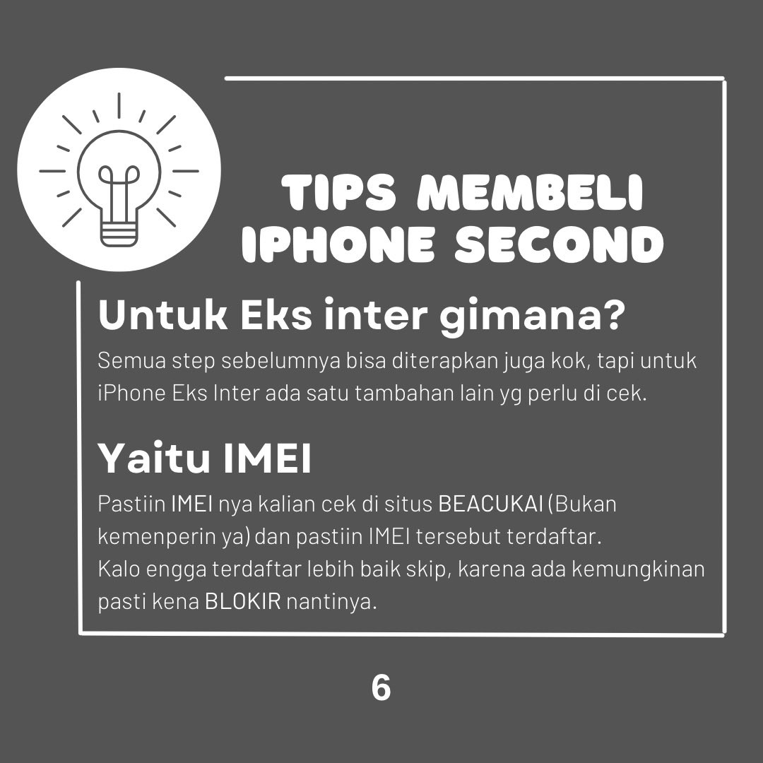 Khusus iPhone inter, kalian perlu cek IMEI karena penting banget. Kalo mau beli iPhone Ex inter, wajib pastiin imei nye terdaftar di situs resmi beacukai ya, bukan KEMENPERIN. Kemenperin itu khusus iPhone resmi, iBox, Digimap, atau Blibli. Jangan mau ketipu seller!