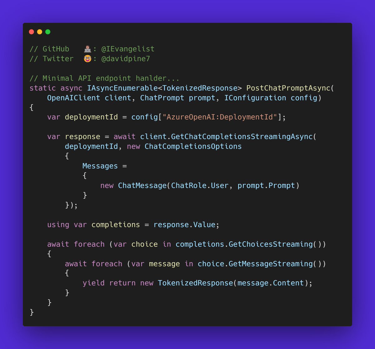 davidpine7's tweet photo. 🤓 Did you know that @aspnet Minimal APIs can return IAsyncEnumerable<T> and you can consume said APIs with await foreach too?!

@stephentoub shared this API with me and it's 🔥.

#dotnet #csharp

1️⃣ API returns IAsyncEnumerable<T>
2️⃣ JsonSerializer.DeserializeAsyncEnumerable<T> https://t.co/yNSYv0OZXb