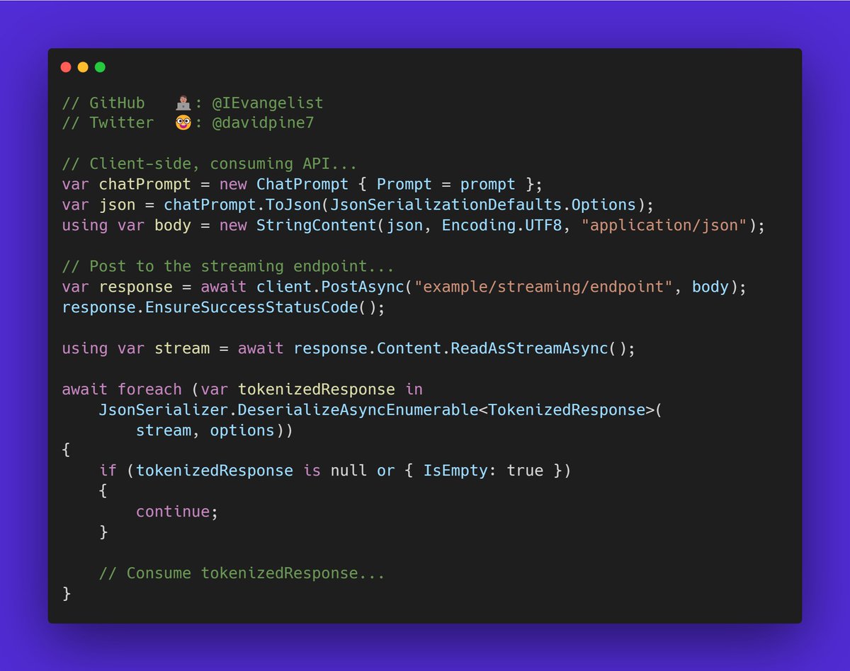 davidpine7's tweet photo. 🤓 Did you know that @aspnet Minimal APIs can return IAsyncEnumerable<T> and you can consume said APIs with await foreach too?!

@stephentoub shared this API with me and it's 🔥.

#dotnet #csharp

1️⃣ API returns IAsyncEnumerable<T>
2️⃣ JsonSerializer.DeserializeAsyncEnumerable<T> https://t.co/yNSYv0OZXb