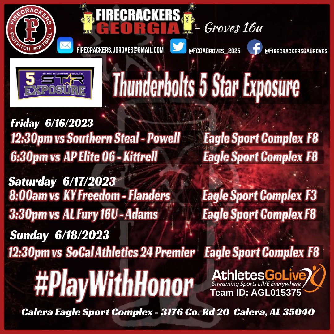 Alabama, here we come!!! Looking forward to another great weekend of softball at the Thunderbolts 5 Star Exposure! Be sure to come check us out in Calera, AL or watch us on <a href="/AGLSoftball/">AthletesGoLive Softball</a> !! 🧨🧨💥 <a href="/Tbolts5Star/">Tbolts Fivestar</a>   <a href="/JGFC07/">J. Groves</a> <a href="/FirecrackersGe1/">Firecrackers Georgia</a> <a href="/Firecrackersinc/">Firecracker Softball</a> <a href="/Los_Stuff/">Carlos Arias</a>