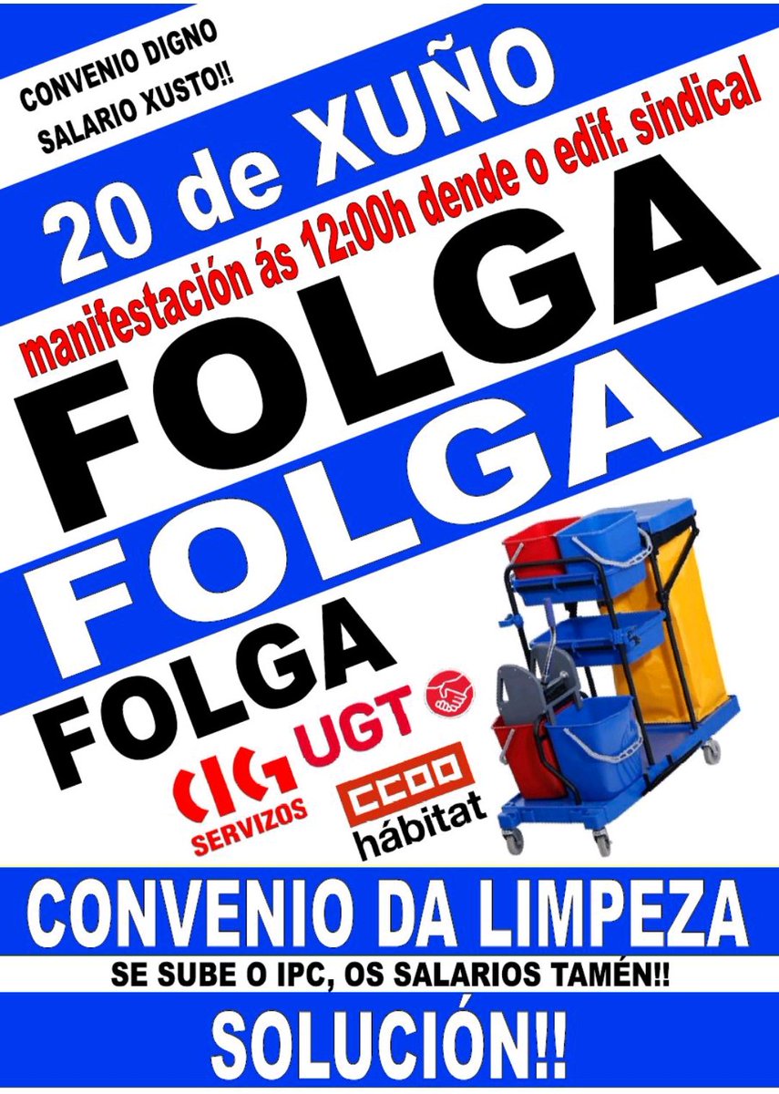 UnionCCOO_Lugo's tweet photo. 🔴 Folga o 20 de Xuño!!!!!!! Solución ao Convenio da Limpieza de Edificios e Locais da provincia de Lugo. https://t.co/Broi8CmGCz