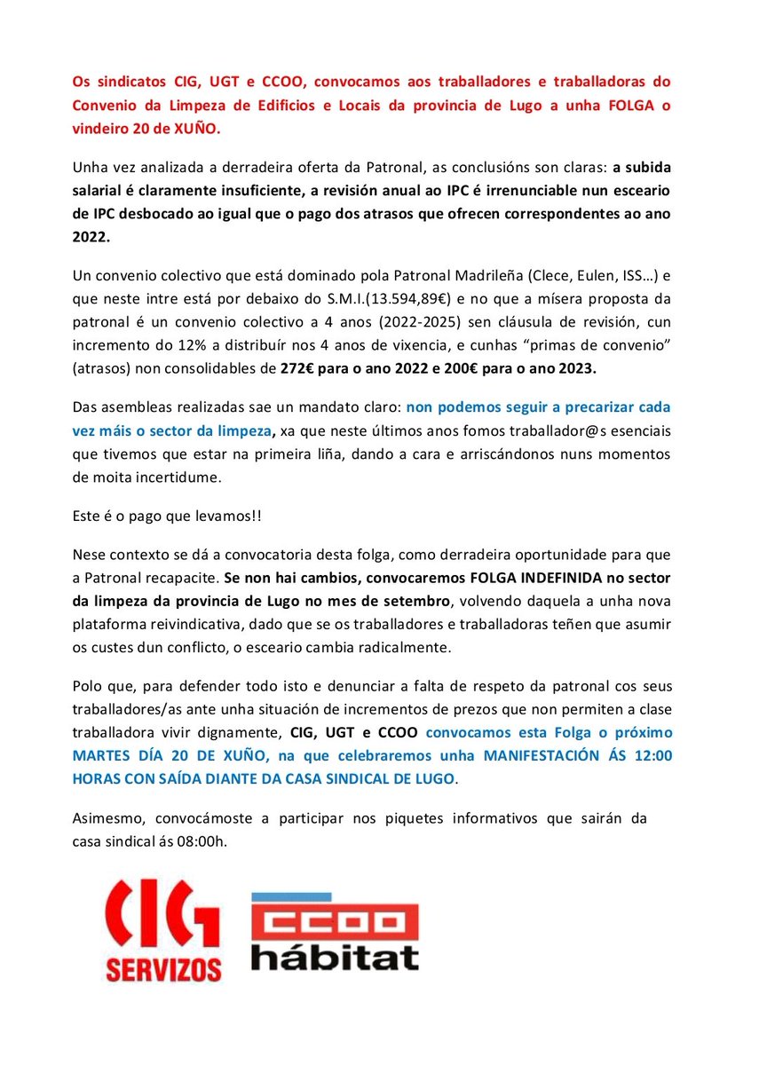 UnionCCOO_Lugo's tweet photo. 🔴 Folga o 20 de Xuño!!!!!!! Solución ao Convenio da Limpieza de Edificios e Locais da provincia de Lugo. https://t.co/Broi8CmGCz