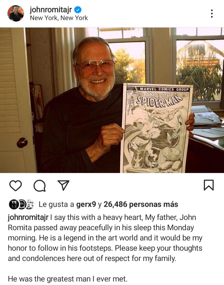 Captura de pantalla de la cuenta de John Romita hijo que informa de la muerte de su padre