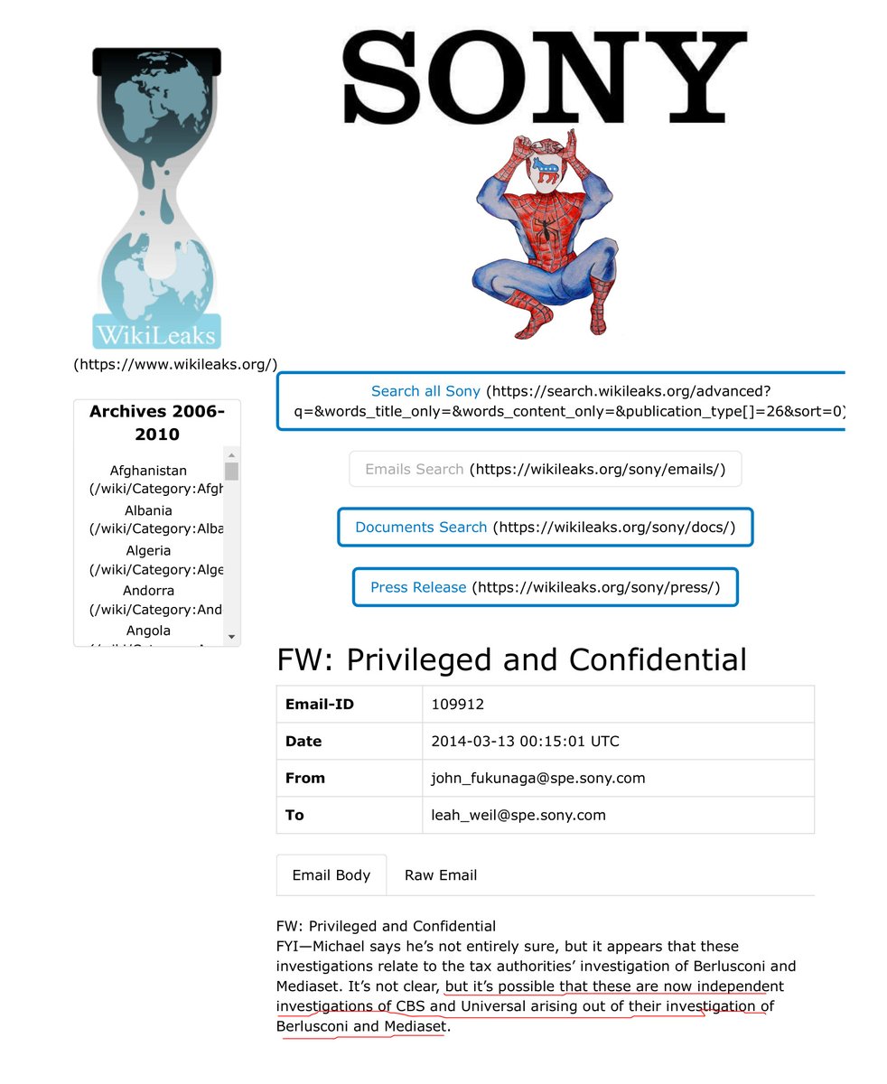 Wikileaks_Ita's tweet image. #SonyLeaks I dirigenti della #Sony sono preoccupati che l'indagine fiscale contro #Berlusconi #Mediaset possa coinvolgere anche gli uffici italiani #CBS #Universal, entrambe visitate dagli investigatori..
Rivolgersi alla Baker &amp;amp; #McKenzie..
#Privileged #Confidential (2014)