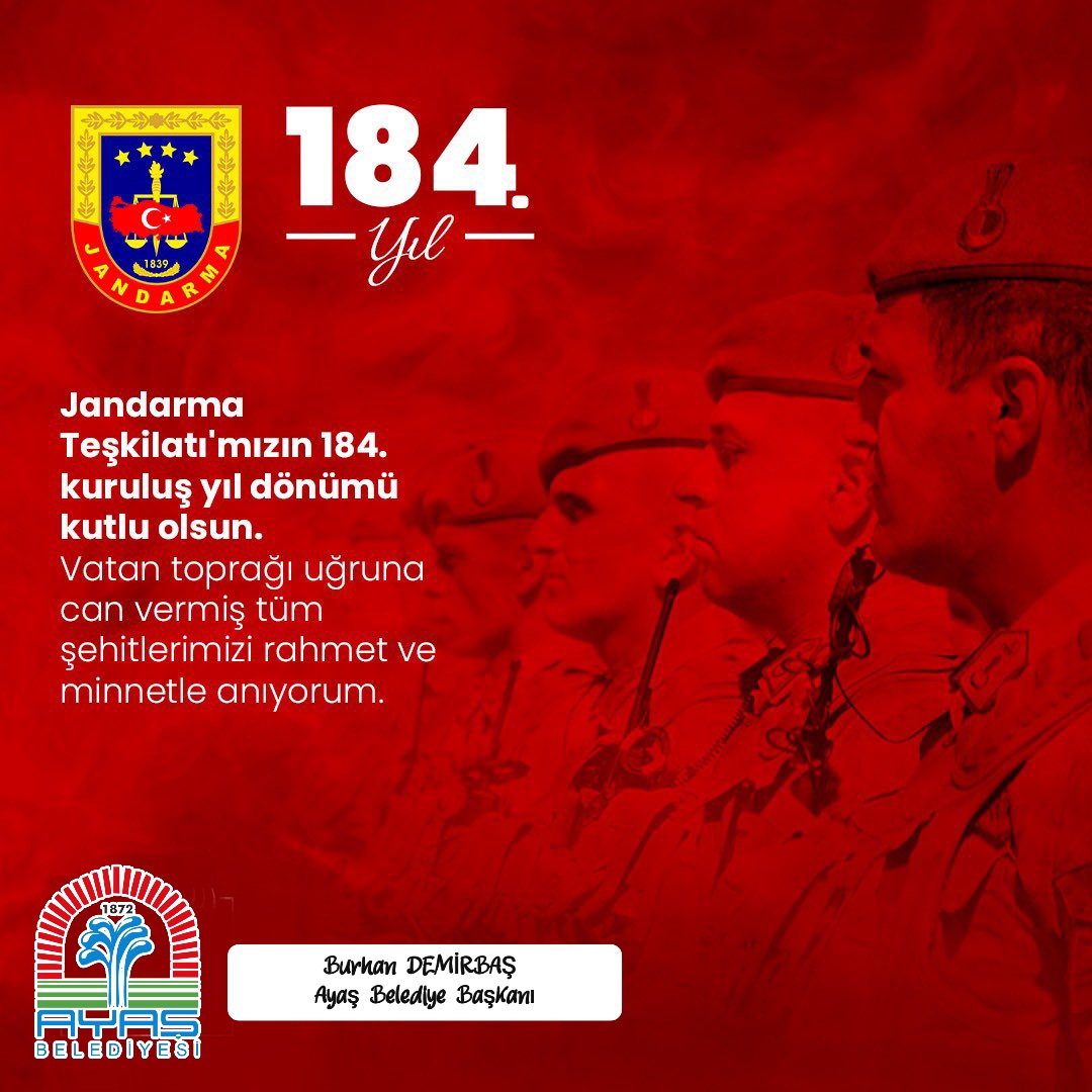 Özverili ve adanmışlık vazife bilinciyle daima milletimizin hizmetinde olan Jandarma Teşkilatımızın kuruluşunun 184. yılını kutluyor, aziz şehitlerimize  rahmet, gazilerimize hayırlı ömürler diliyorum.

#Jandarma184Yaşında 🇹🇷