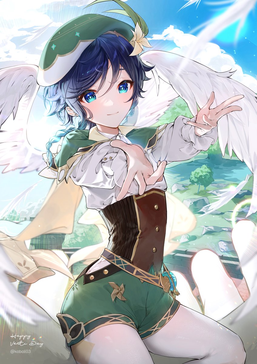 venti (genshin impact) 1boy male focus hat solo green headwear braid wings  illustration images