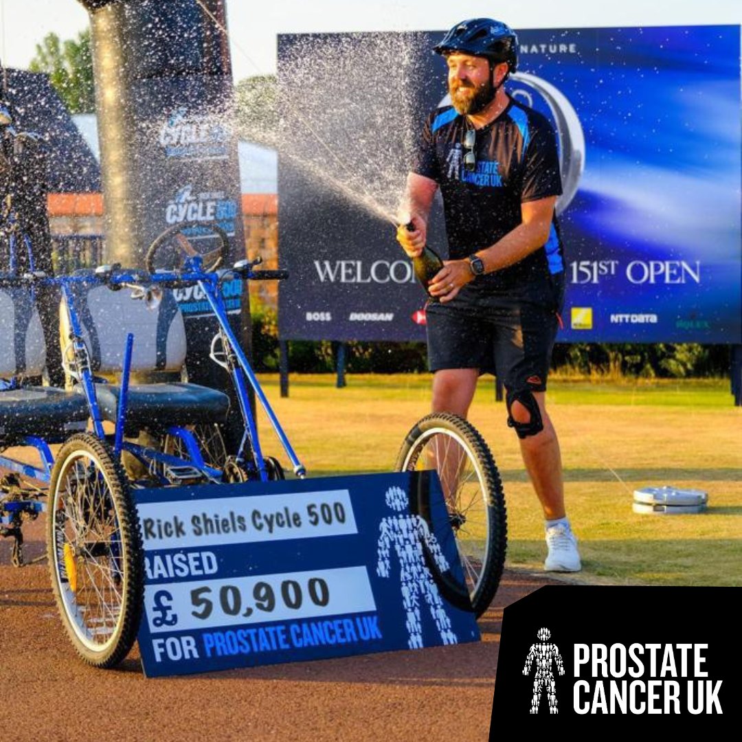 ProstateUK's tweet photo. 🥳 He’s done it! 5️⃣0️⃣0️⃣km in 4️⃣ days!
@RickShielsPGA has cycled from The Old Course, St Andrews to Royal Liverpool ahead of this year’s Open Championship, raising over £50,000 (and counting!) to help beat prostate cancer. 👏
Well done and thank you, Rick! 💙
#TheOpen #Cycle500