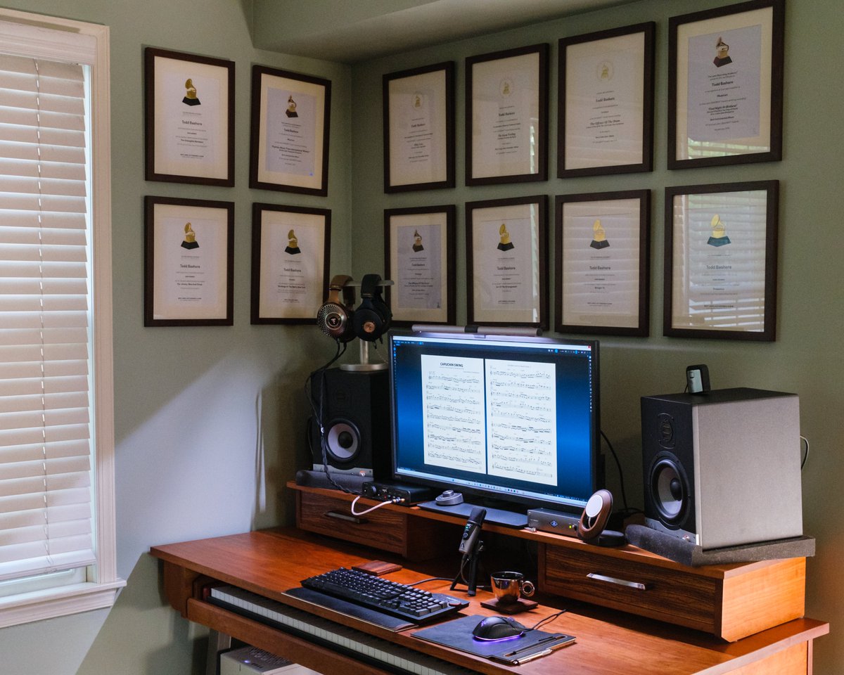 bashoremusic's tweet photo. Just did a little workspace decor update, as a few recent Grammy certificates arrived! Much love and gratitude to Christian McBride, Arturo O'Farrill, Orrin Evans, Emilio Solla, Doug Beavers, and Charles Tolliver for including me on so many of your amazing projects!!! https://t.co/YXaQFtAKkn